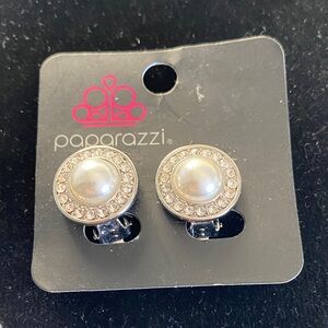 paparazzi Silver Faux Pearl Halo Clip-On Earrings - White